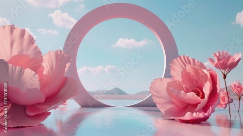 Podium background flower rose product pink 3d spring table beauty stand display nature white. Garden rose floral summer background podium cosmetic valentine #734518108