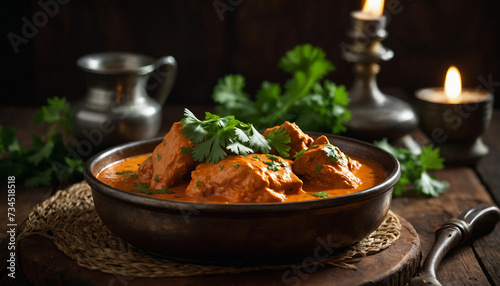 Close up shot of a steaming plate of butter chicken adorned with fresh cilantro leaves, sitting invitingly on a rustic dark wooden table, the creamy sauce glistening under the warm lighting