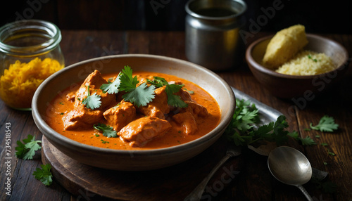 Close up shot of a steaming plate of butter chicken adorned with fresh cilantro leaves, sitting invitingly on a rustic dark wooden table, the creamy sauce glistening under the warm lighting