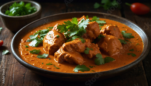 Close up shot of a steaming plate of butter chicken adorned with fresh cilantro leaves, sitting invitingly on a rustic dark wooden table, the creamy sauce glistening under the warm lighting