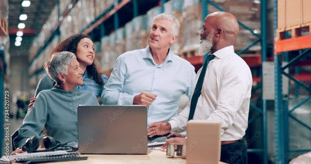 Colleagues, talking and warehouse inspection or logistics for supply chain distribution, courier or package. People diversity and laptop for internet or parcel search in storage, factory or shipping