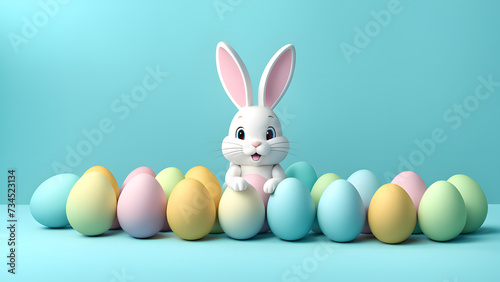 Easter Delight 3D Bunny Rabbit Surrounded by Colorful Eggs on Blue. 3D easter illustration concept.