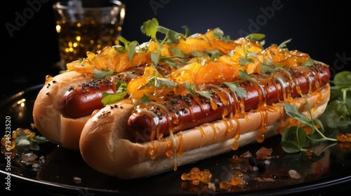 hotdog with a large sausage filled with melted mayonnaise and a sprinkling of chopped greens