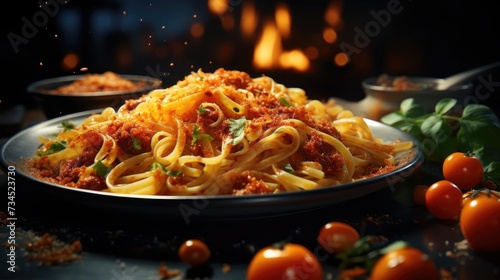 close up delicious spaghetti full of spices  black and blur background