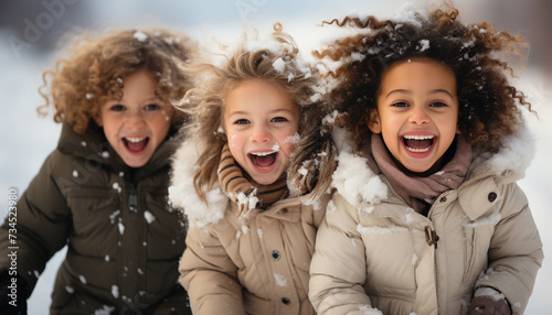 Smiling girls playing in the snow, enjoying winter together generated by AI