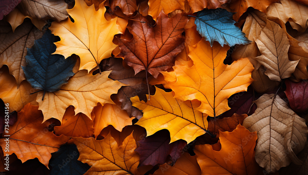 Vibrant autumn forest, yellow leaves falling, nature beauty in November generated by AI Vibrant autumn forest, yellow leaves falling, nature beauty in November generated by AI