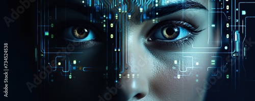 Security access close up woman eye viewing digital information, biometric scanning futuristic digital technology