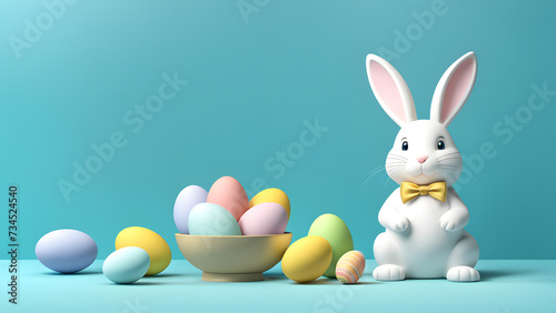 Cheerful Easter Bunny Adorable 3D Rabbit and Colorful Eggs on Blue Background. Easter Day Concept.