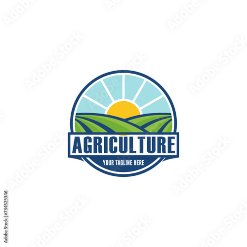 business and Farm Food vector logo design illustration, tractor farm, land farming, crop field, pasture, milk, barn, on green background