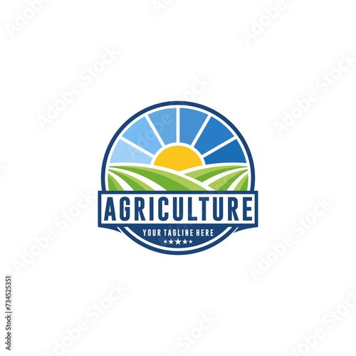business and Farm Food vector logo design illustration, tractor farm, land farming, crop field, pasture, milk, barn, on green background