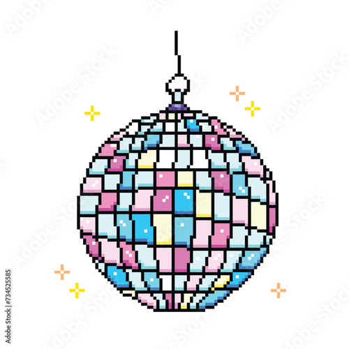 Disco party ball sphere. Pixel bit retro game styled vector illustration drawing. Simple flat cartoon drawing isolated on square white background.