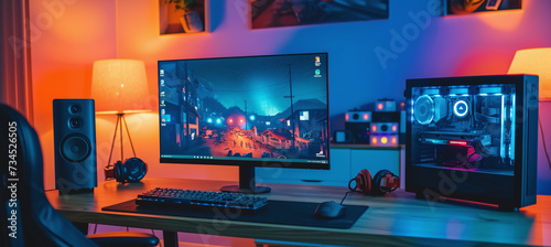 A nice computer setup with beautiful room lighting