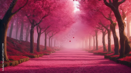 A pink tree lined walkway in bloom 