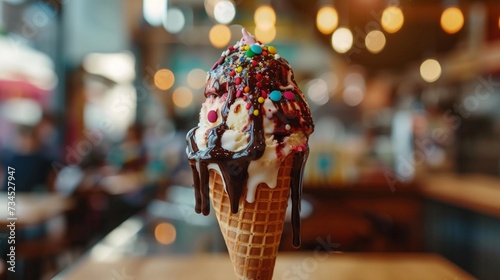 Melting Bliss, single scoop of ice cream melting on a waffle cone, generative AI