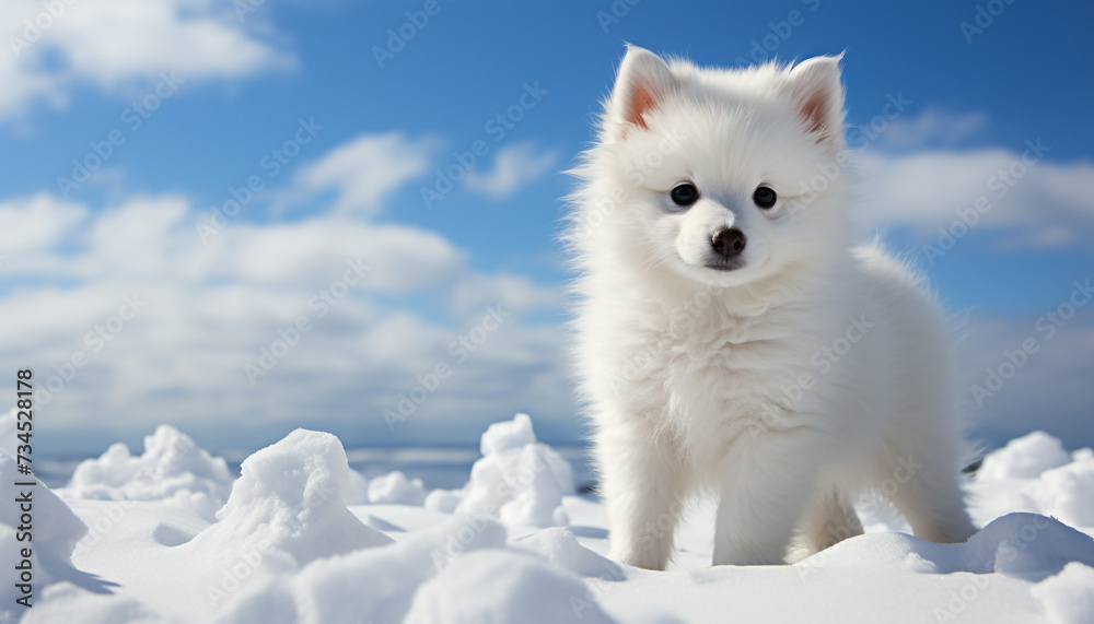 Cute puppy playing in the snow, fluffy and small generated by AI