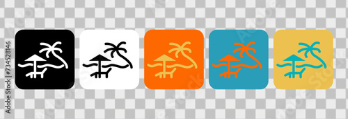 Relaxation Lounger icons design. Beach relaxation with palm, chair and umbrella. For logo, symbol or web design. Vector flat illustration.