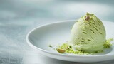 Minimalist Perfection, A single scoop of pistachio ice cream resting on a simple white plate, generative AI
