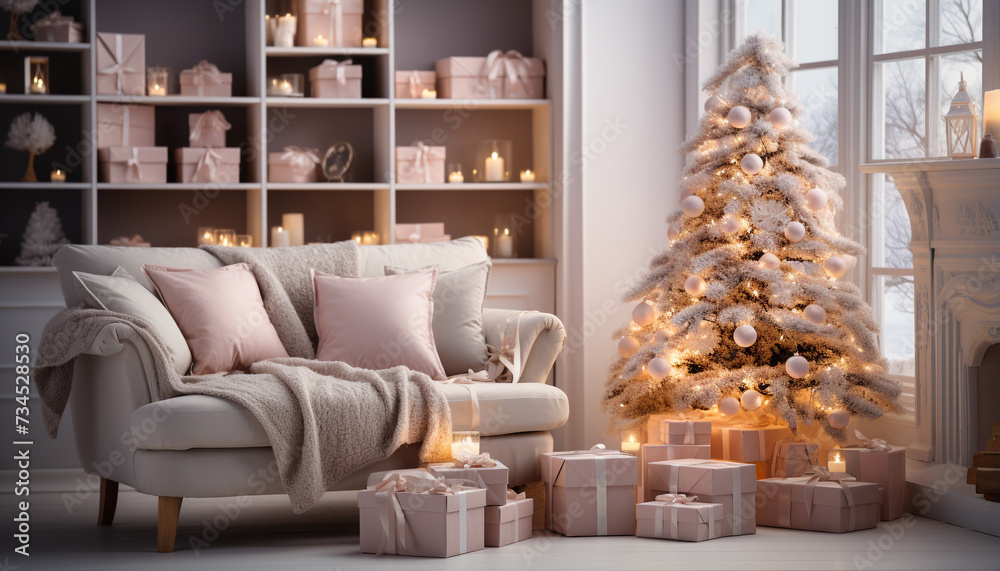 Cozy living room, illuminated by Christmas lights, celebrates winter comfort generated by AI Cozy living room, illuminated by Christmas lights, celebrates winter comfort generated by AI