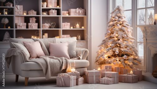 Cozy living room, illuminated by Christmas lights, celebrates winter comfort generated by AI