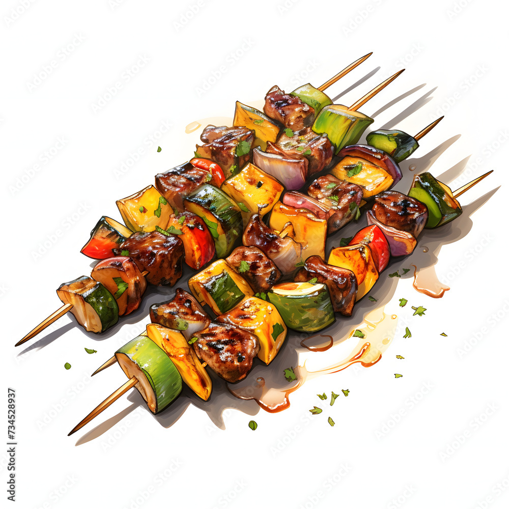 Kebabs, Vegetable foods, Watercolor illustrations.