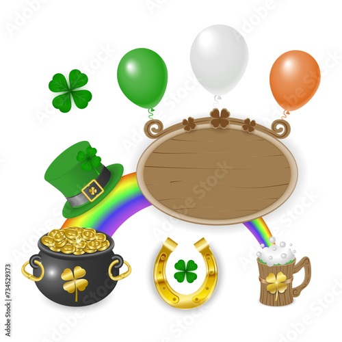 There is a green leprechaun hat on the rainbow, a pot of gold coins nearby, a text board hanging on balloons, a wooden mug with green beer, St. Patrick's Day illustration. Vector illustration.