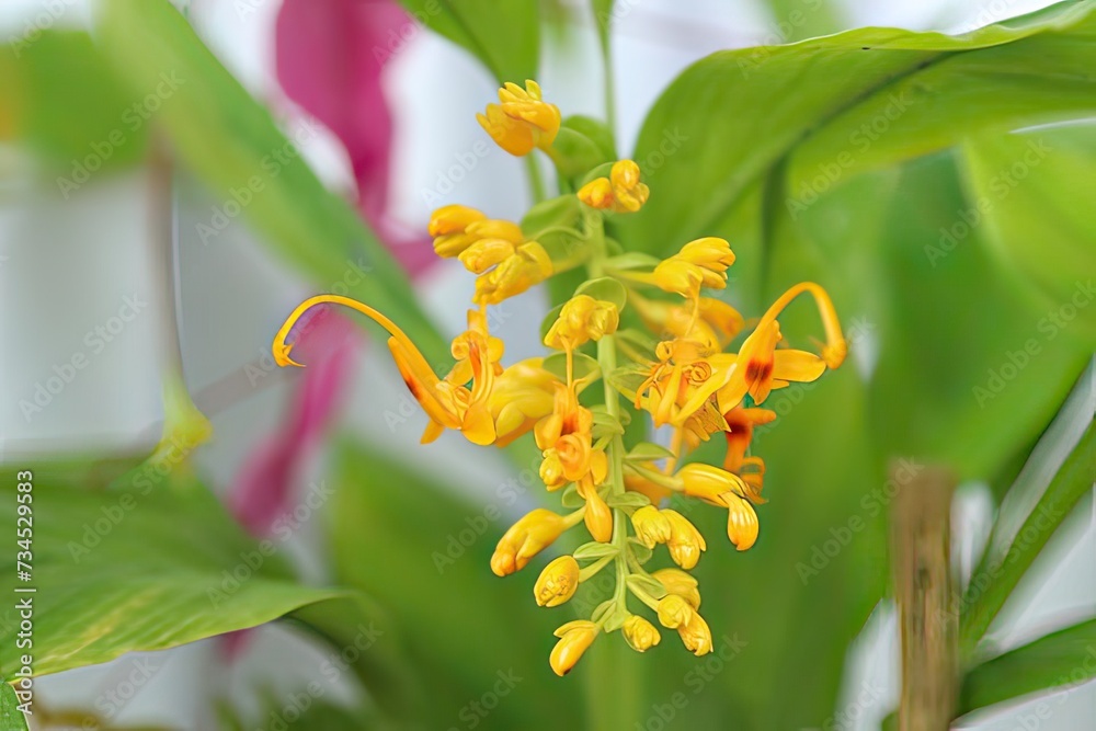 Obraz premium Close up of yellow flower with green leaves in the background.