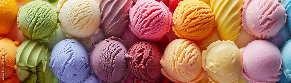 Fruity Gelato Bliss, variety of fruity gelato flavors arranged in a visually appealing display, generative AI Fruity Gelato Bliss, variety of fruity gelato flavors arranged in a visually appealing display, generative AI