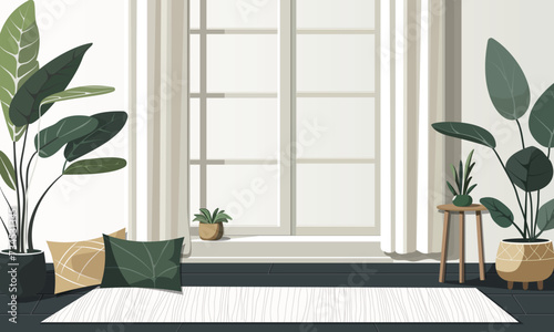 A green room vector illustration in flat style of a living room for yoga and meditation, with plants, windows, and a blanket.