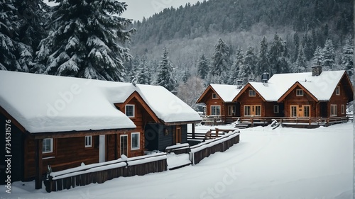 Cozy cottages in a snowy landscape view for celebrations and greeting card from Generative AI