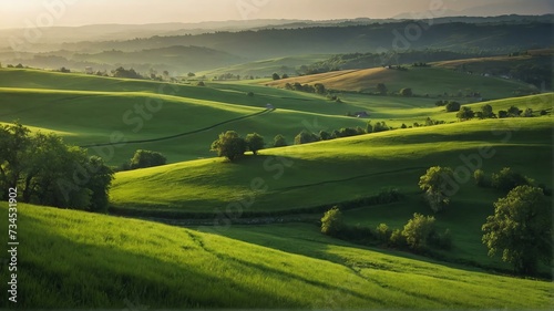 Green pastures landscape view for celebrations and greeting card from Generative AI