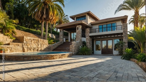 Luxury home with paver block driveway, palm trees, greenery landscaping and swimming pool at morning with sunlight rays from Generative AI © sevenSkies