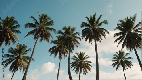 Palm trees swaying in a tropical breeze landscape view for celebrations and greeting card from Generative AI © sevenSkies