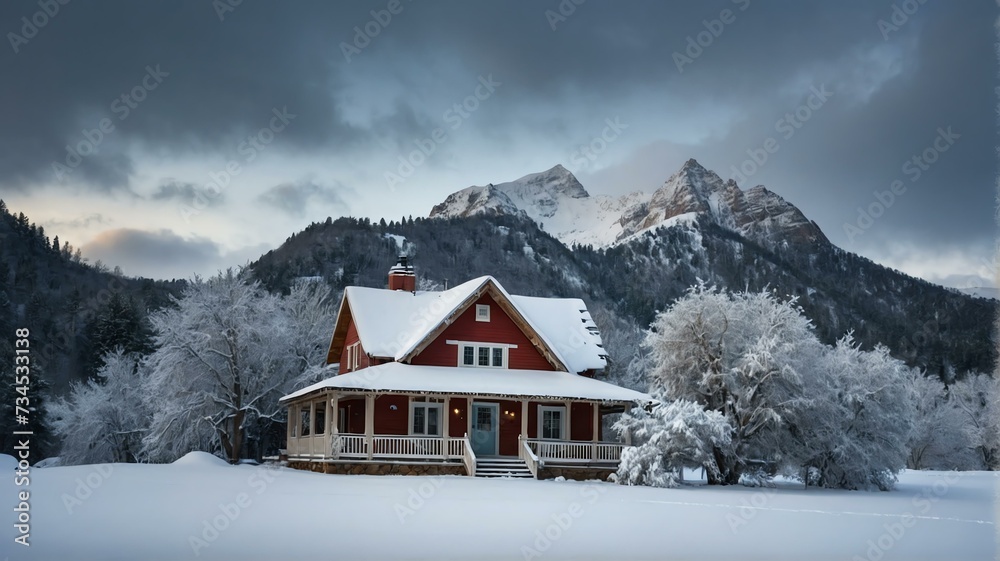 Peaceful and tranquil snowy winter photo of a house in the mountains from Generative AI