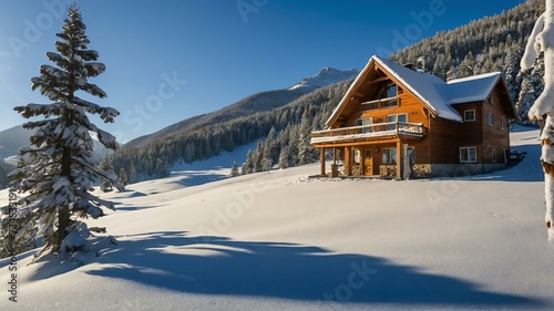 Peaceful and tranquil snowy winter photo of a house in the mountains at morning with sunlight rays from Generative AI © sevenSkies