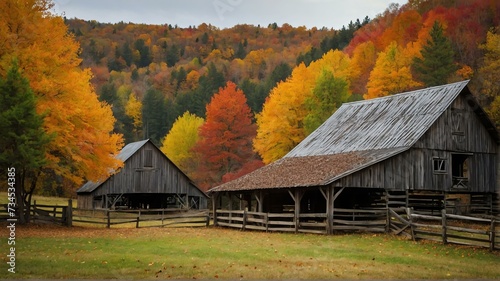 Rustic barns surrounded by autumn leaves landscape view for celebrations and greeting card from Generative AI