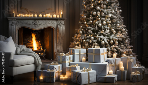 Cozy living room, glowing Christmas tree, family celebration, elegant decorations generated by AI © Gstudio