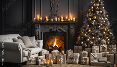 Cozy living room, glowing candlelight, Christmas tree, family celebration generated by AI