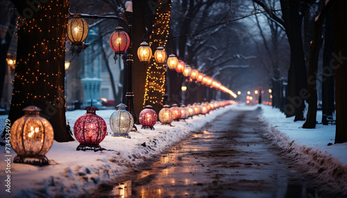 Winter night outdoors, snow covered tree illuminated by lantern light generated by AI