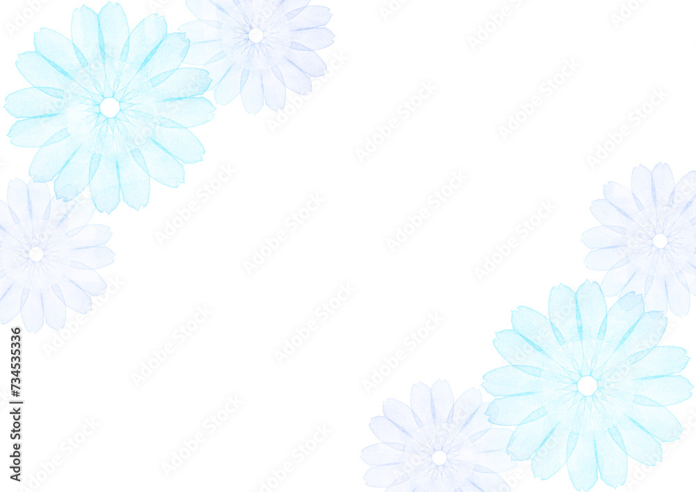 抽象的な水彩の青と水色の花に白背景のフレーム素材