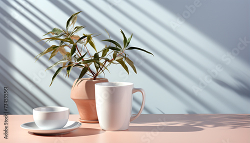 Fresh coffee cup on wooden table with potted plant generated by AI
