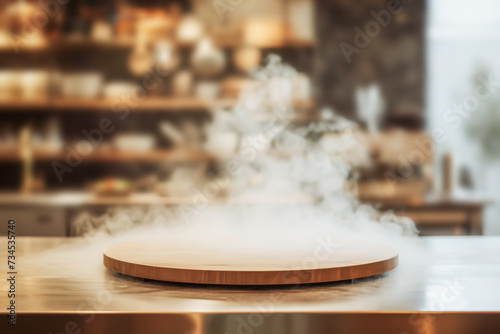 Empty round wooden podium with steam for montage your products and presentation against modern kitchen interior background. Show case for dish  meal or food products. Scene stage