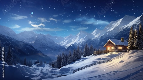 winter landscape panorama with wooden house in snowy mountains. Starry sky with Milky Way and snow covered hut.
