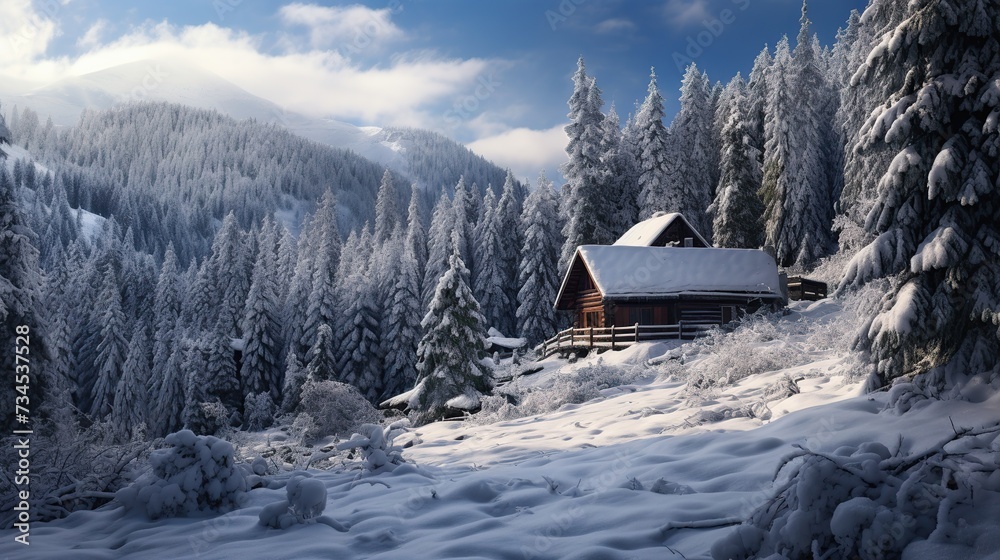 wooden cottage amid snow-laden conifers on a mountain clearing hidden within the forest in the winter. copy space for text.