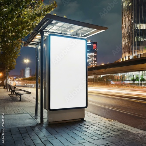 a blank white vertical digital billboard poster adorning a bus stop sign. Against the backdrop of the bustling city streets at night, this mockup, blank billboard at night