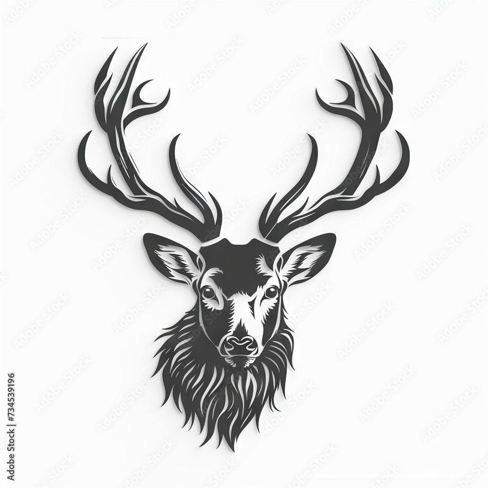 Naklejka premium Monochrome Majesty A Detailed Black and White Illustration of a Majestic Stag with Symmetrical Antlers, Exuding Elegance and Power