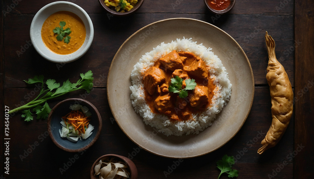 A top down view capturing the rich colors and textures of butter chicken served on a round ceramic plate, set against the contrasting backdrop of a dark wooden table, with a hint of steam rising from A top down view capturing the rich colors and textures of butter chicken served on a round ceramic plate, set against the contrasting backdrop of a dark wooden table, with a hint of steam rising from