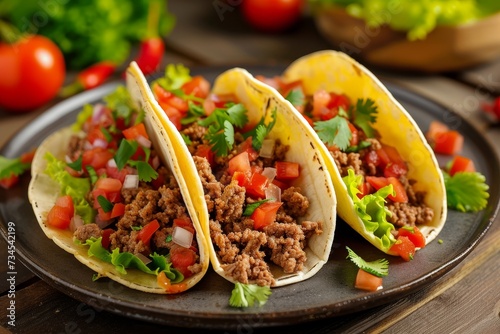 Beef tacos in tomato sauce and salsa from Mexico