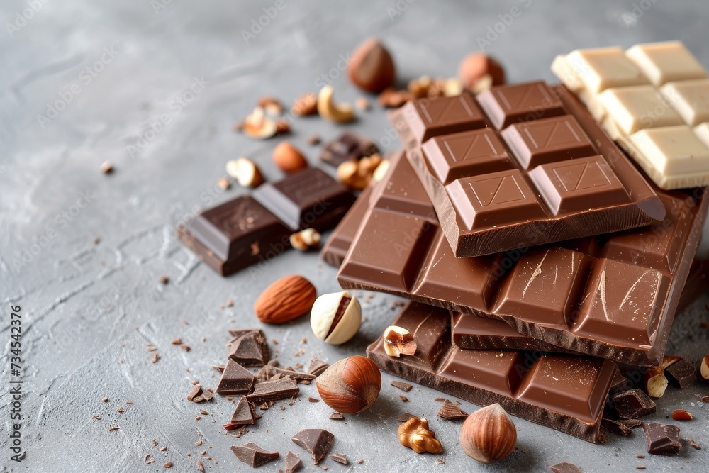 Broken chocolate bars with hazelnut on a grey background Broken chocolate bars with hazelnut on a grey background