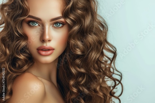 Beautiful model woman with shiny curly hair showcasing care and beauty
