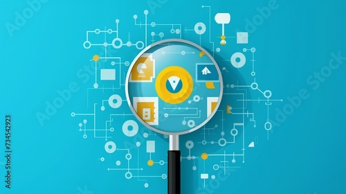 Magnifying glass with abstract technology icon on blue background. photo